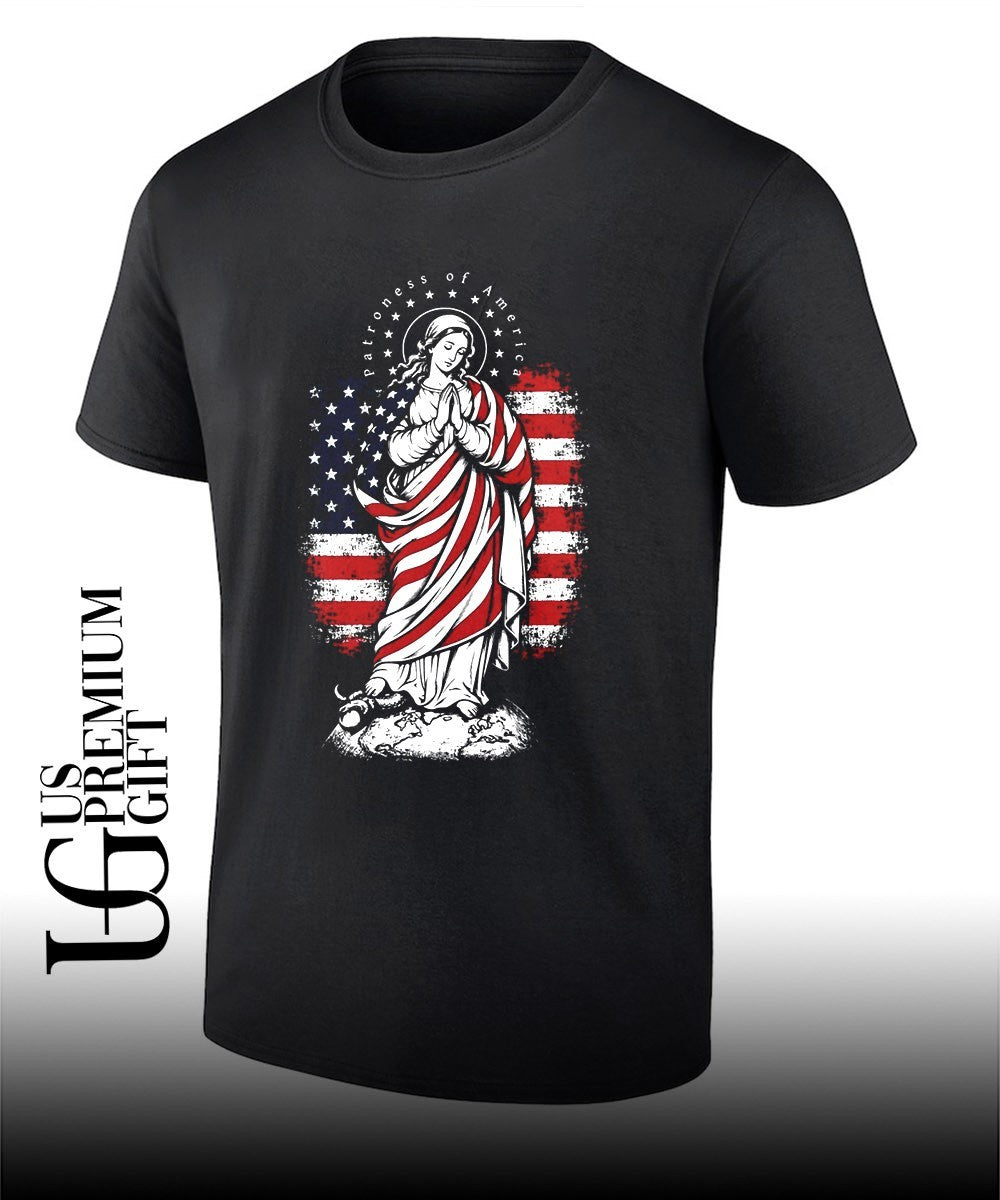 Virgin Mary Patroness of America Flag Earth Snake Religious Catholic Devotional shirt Unisex T-shirt, Sweatshirt, Hoodie, Long Sleeve Tee - T-Shirt, Sweatshirt, Hoodie