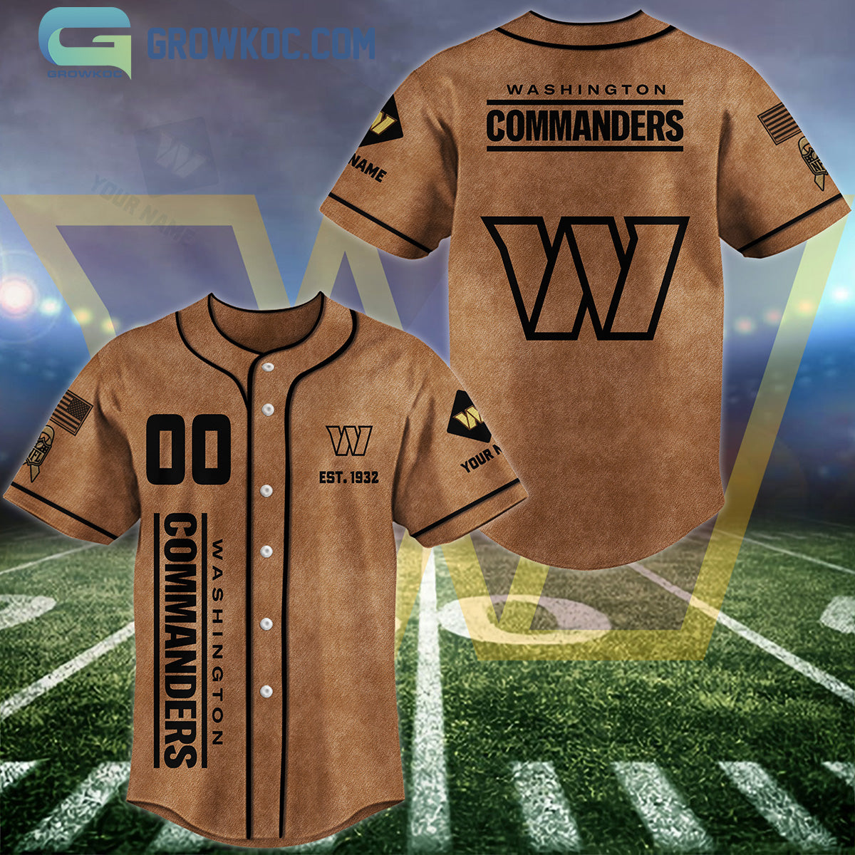 Washington Commanders Brown American Flag Personalized Baseball Jersey Unisex T-shirt, Sweatshirt, Hoodie, Long Sleeve Tee - T-Shirt, Sweatshirt, Hoodie