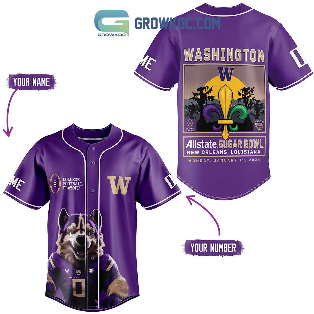 Washington Huskies Allstate Sugar Bowl Personalized Baseball Jersey Unisex T-shirt, Sweatshirt, Hoodie, Long Sleeve Tee - T-Shirt, Sweatshirt, Hoodie