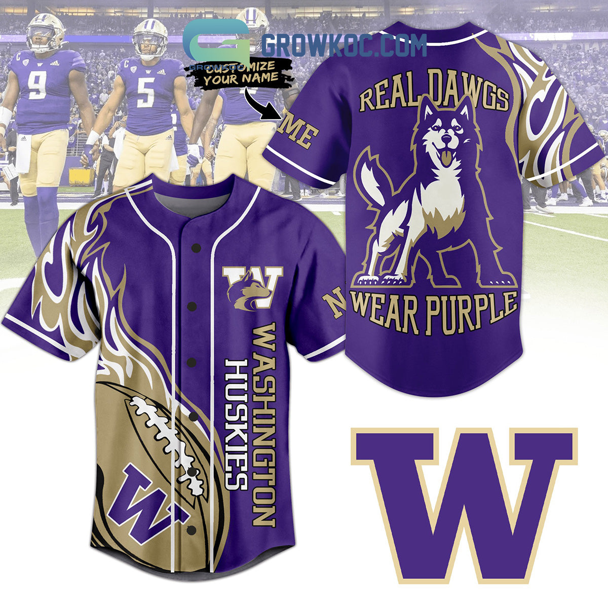 Washington Huskies Real Dawgs Wear Purple Personalized Baseball Jersey Unisex T-shirt, Sweatshirt, Hoodie, Long Sleeve Tee - T-Shirt, Sweatshirt, Hoodie
