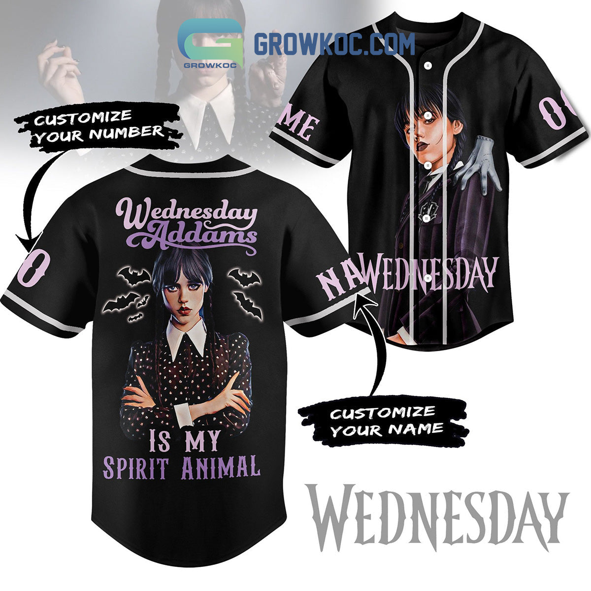 Wednesday Addams Is My Spirit Animal Personalized Baseball Jersey Unisex T-shirt, Sweatshirt, Hoodie, Long Sleeve Tee - T-Shirt, Sweatshirt, Hoodie