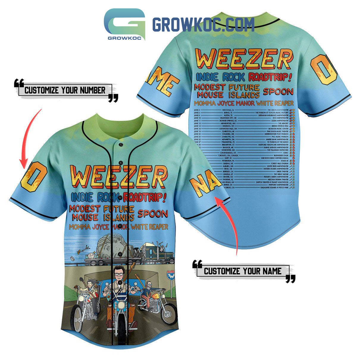 Weezer Indie Rock Roadtrip Personalized Baseball Jersey Unisex T-shirt, Sweatshirt, Hoodie, Long Sleeve Tee - T-Shirt, Sweatshirt, Hoodie