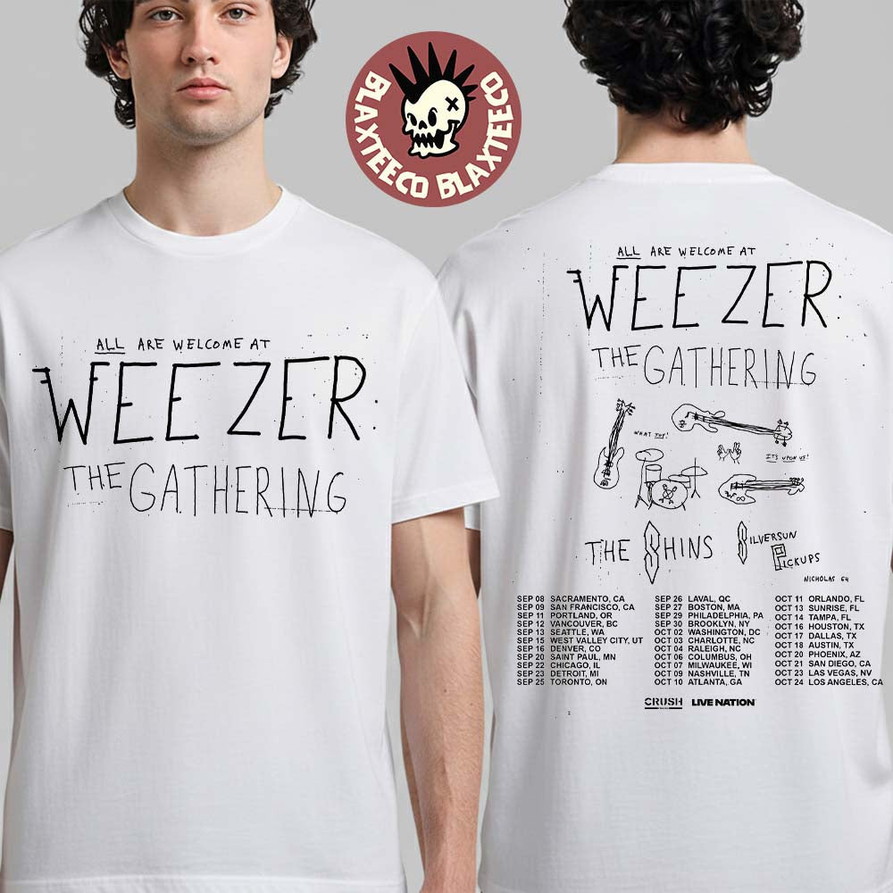 Weezer The Gathering Tour 2026 North America City Dates Two Sided T-Shirt Unisex T-shirt, Sweatshirt, Hoodie, Long Sleeve Tee - T-Shirt, Sweatshirt, Hoodie