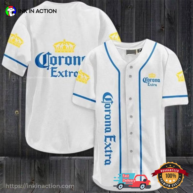 White Corona Extra King Of Beer Baseball Jersey Unisex T-shirt, Sweatshirt, Hoodie, Long Sleeve Tee - T-Shirt, Sweatshirt, Hoodie