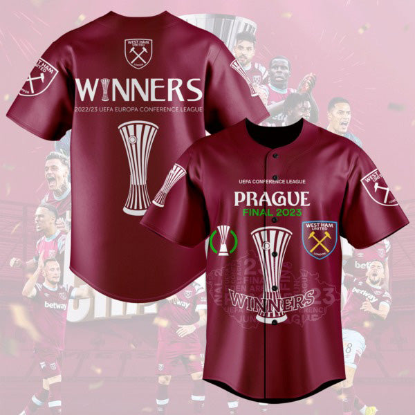 Winners 2023 UEFA Europa Conference League West Ham United Maroon Design Baseball Jersey Unisex T-shirt, Sweatshirt, Hoodie, Long Sleeve Tee - T-Shirt, Sweatshirt, Hoodie