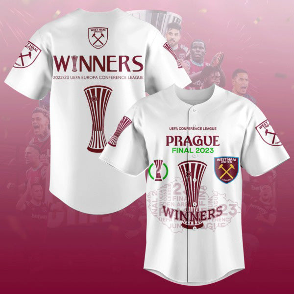 Winners 2023 UEFA Europa Conference League West Ham United White Design Baseball Jersey Unisex T-shirt, Sweatshirt, Hoodie, Long Sleeve Tee - T-Shirt, Sweatshirt, Hoodie