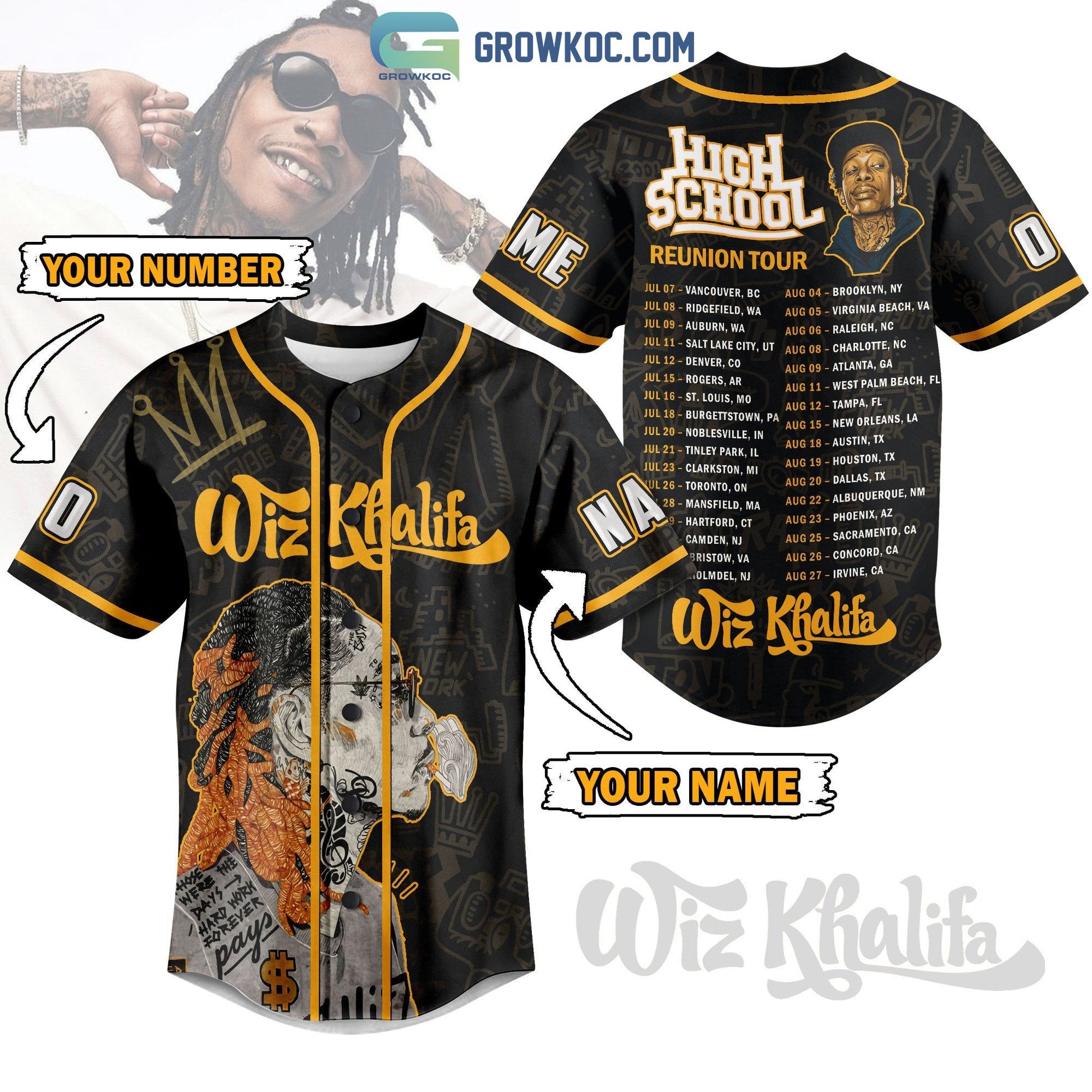 Wiz Khalifa High School Reunion Tour Personalized Baseball Jersey Unisex T-shirt, Sweatshirt, Hoodie, Long Sleeve Tee - T-Shirt, Sweatshirt, Hoodie