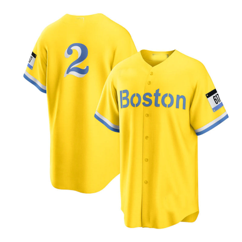 Boston Red Sox #2 Xander Bogaerts City Connect Replica Player Jersey - Gold Light Blue Baseball Jerseys baseball jersey product view 1
