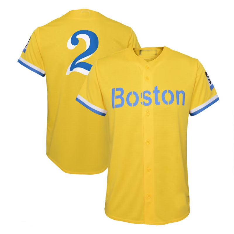 Boston Red Sox #2 Xander Bogaerts City Connect Replica Player Jersey - Gold Light Blue Baseball Jerseys baseball jersey product view 1