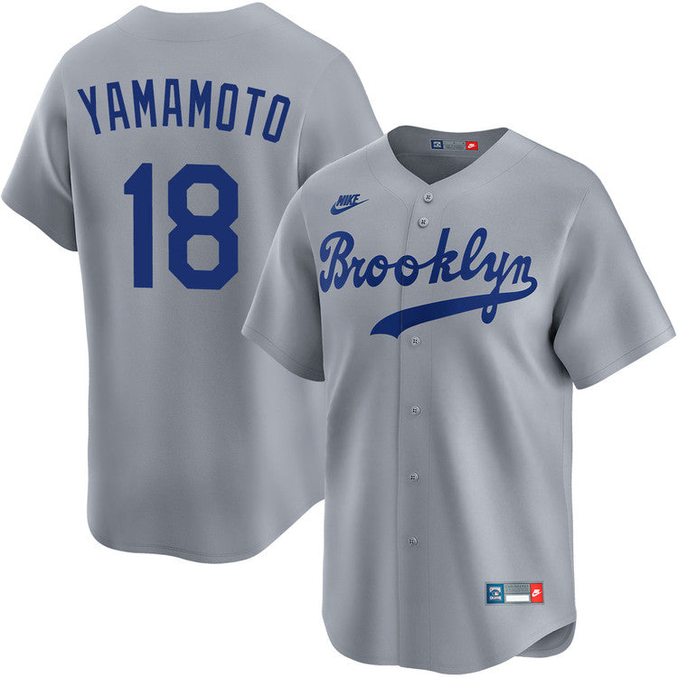 Yoshinobu Yamamoto Los Angeles Dodgers Cooperstown Brooklyn Road Jersey - Gray baseball jersey product view 1