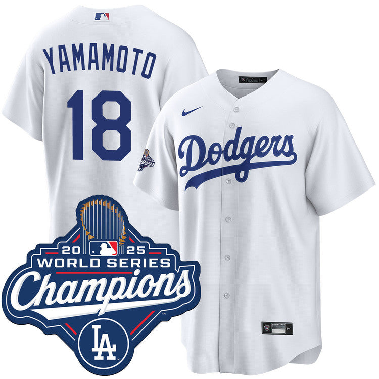 Yoshinobu Yamamoto Los Angeles Dodgers Home 2025 World Series Champions Jersey - White baseball jersey product view 1