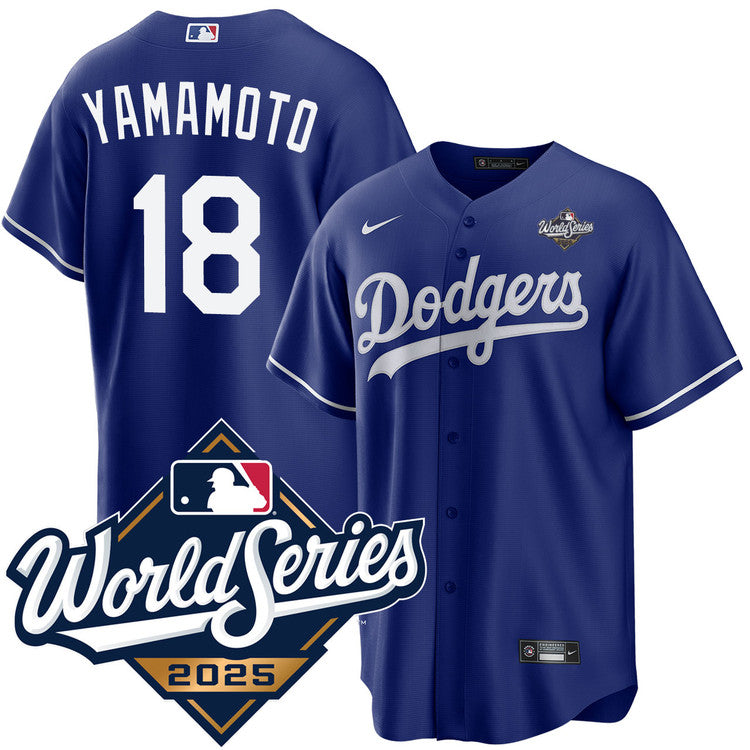 Yoshinobu Yamamoto Los Angeles Dodgers 2025 Alternate World Series Jersey - Royal baseball jersey product view 1