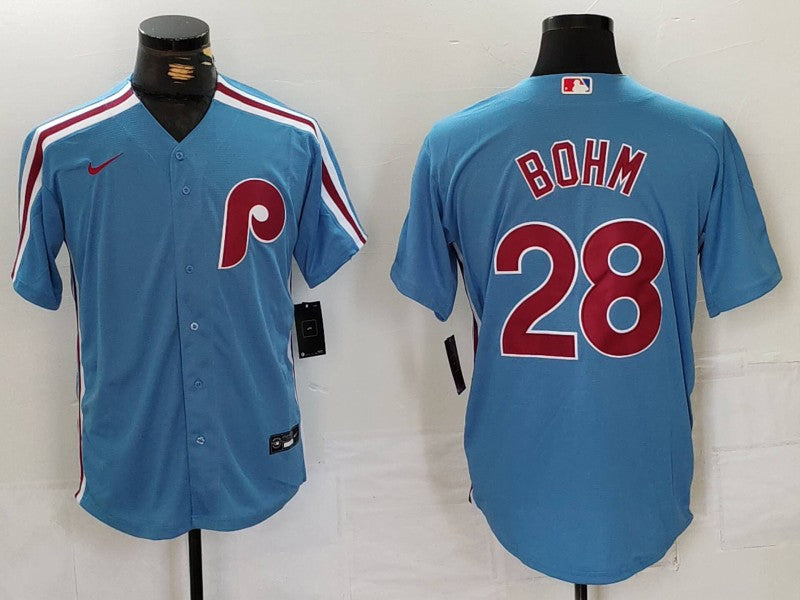 Men's Philadelphia Phillies Alec Bohm #28 Light Blue Alternate Limited Jersey baseball jersey product view 1
