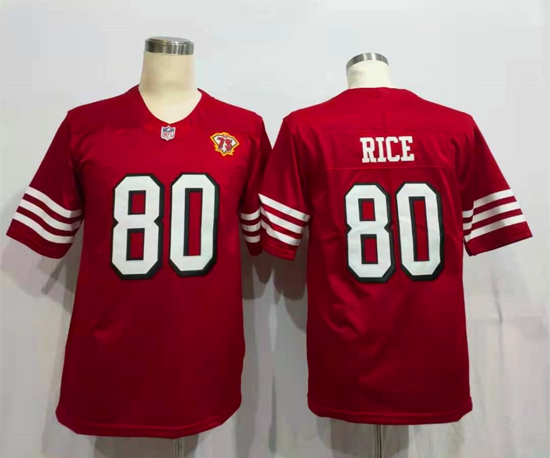 Men's San Francisco 49ers Jerry Rice Red 75th Anniversary Game Player Jersey football jersey product view 1