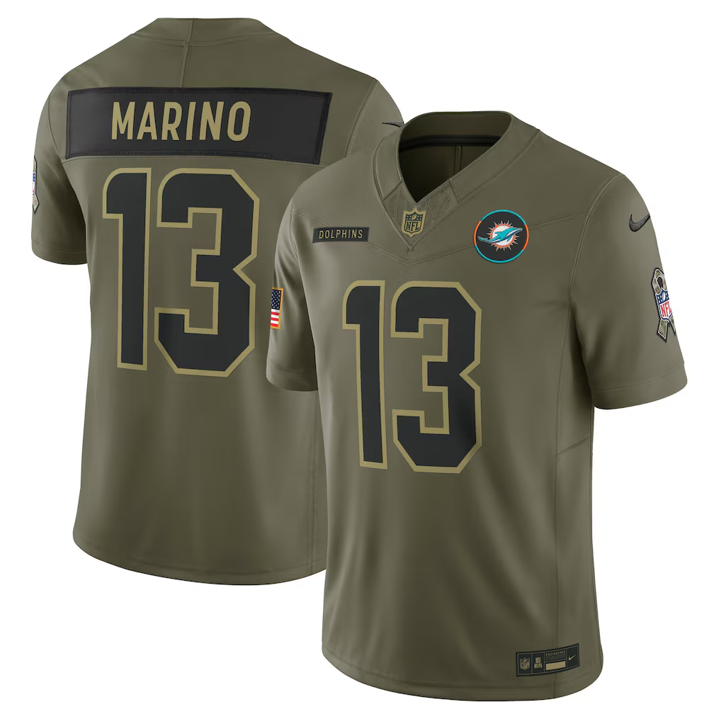 Men's Miami Dolphins Dan Marino Olive 2025 Salute to Service Retired Limited Jersey football jersey product view 1