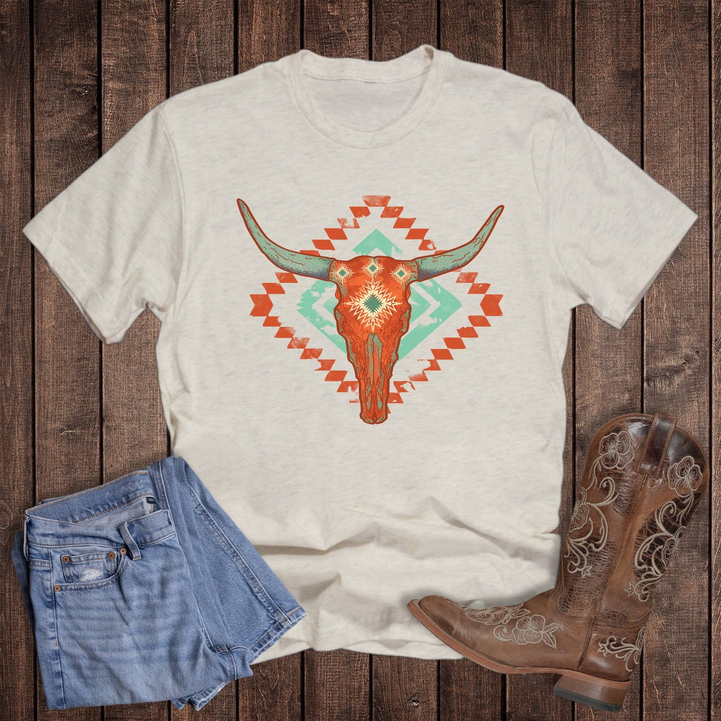 Western Turquoise Aztec Cow Skull Graphic Tee Unisex T-shirt, Sweatshirt, Hoodie, Long Sleeve Tee - T-Shirt, Sweatshirt, Hoodie