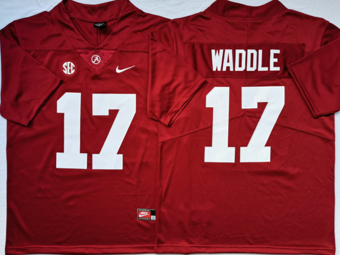 Men's Alabama Crimson Tide Jaylen Waddle Crimson Player Game Jersey sports jersey product view 1