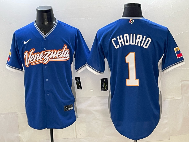 Men's Venezuela Baseball Jackson Chourio #1 Royal 2026 World Baseball Classic Stadium Jersey baseball jersey product view 1