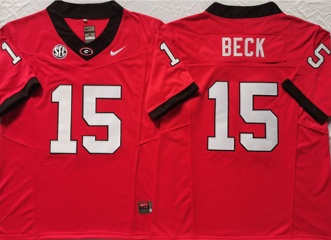 Men's Georgia Bulldogs Carson Beck #15 Red Game Jersey sports jersey product view 1