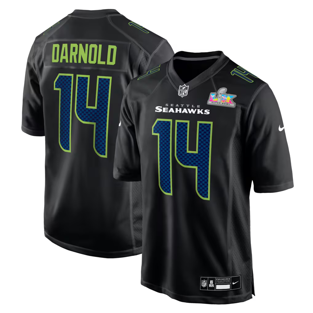 Men's Seattle Seahawks Sam Darnold #14 Black Super Bowl LX Patch Carbon Fashion Game Jersey football jersey product view 1