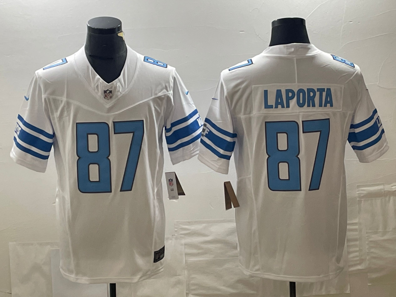 Men's Detroit Lions Sam LaPorta #87 White Game Jersey1 football jersey product view 1