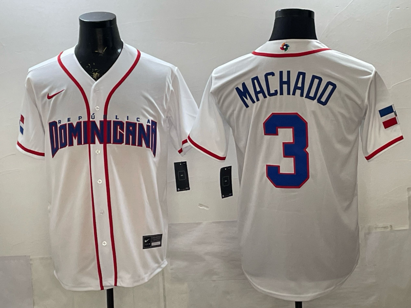 Men's Dominican Republic Baseball Manny Machado #3 White 2026 World Baseball Classic Stadium Jersey baseball jersey product view 1