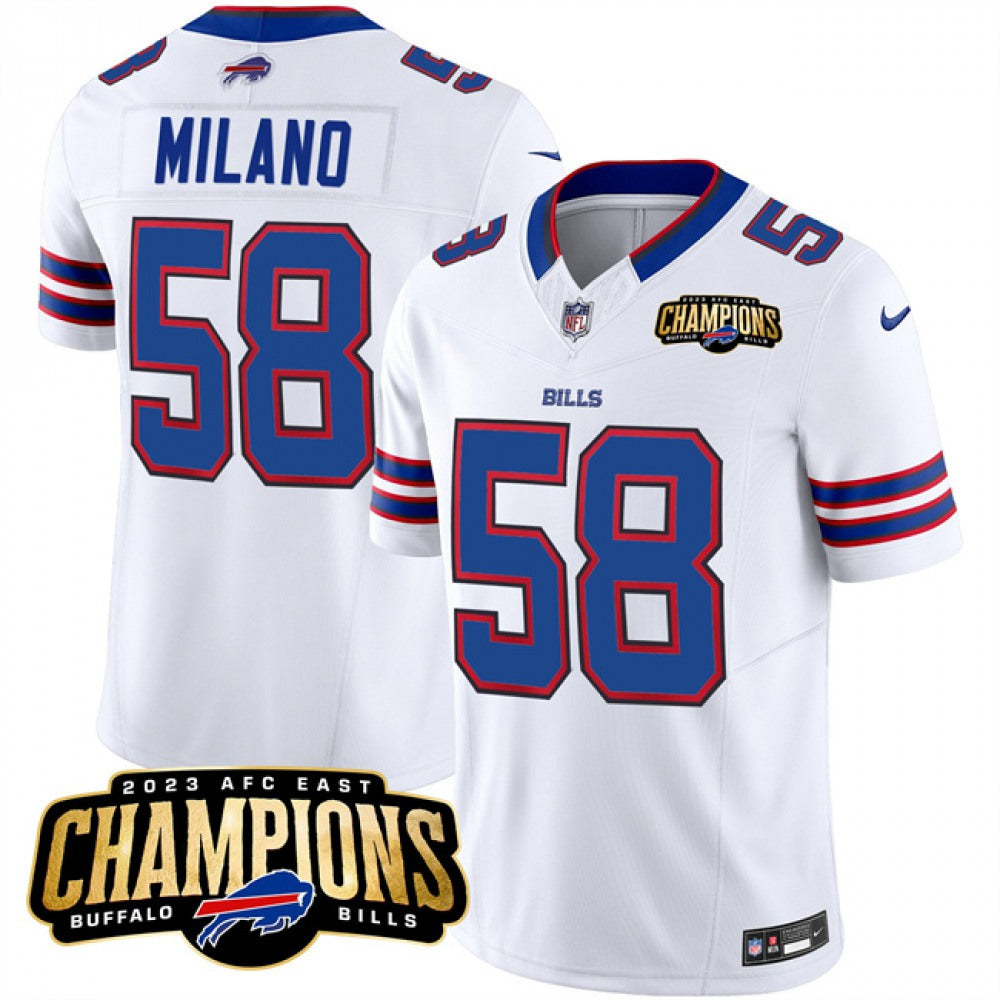 Men's Buffalo Bills #58 Matt Milano White 2023 F.U.S.E. AFC East Champions Ptach Stitched Football Jersey football jersey product view 1
