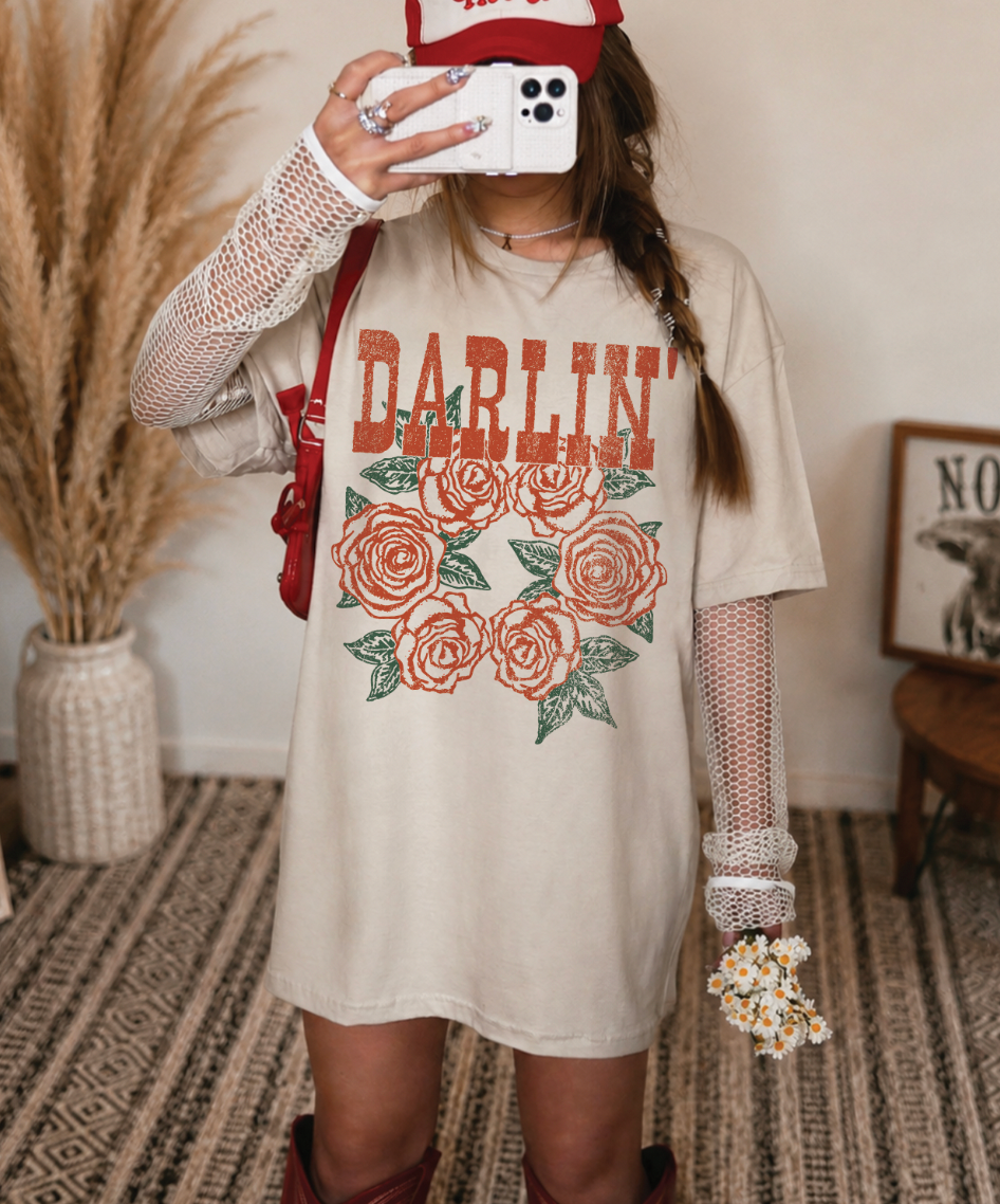 Darlin with Roses Tee or Trucker Unisex T-shirt, Sweatshirt, Hoodie, Long Sleeve Tee - T-Shirt, Sweatshirt, Hoodie