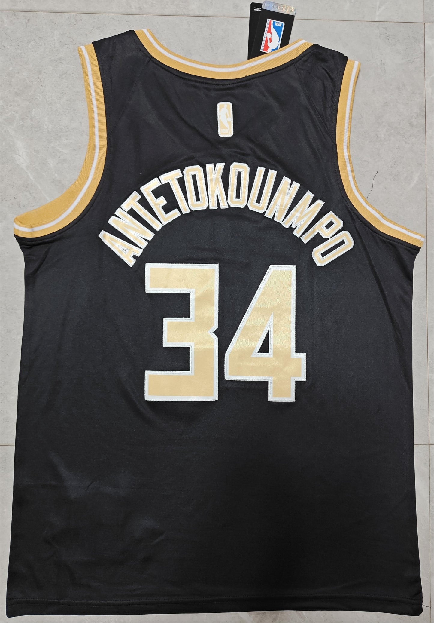 24 Bucks #34 Antetokounmpo Black and Gold Jersey sports jersey product view 2