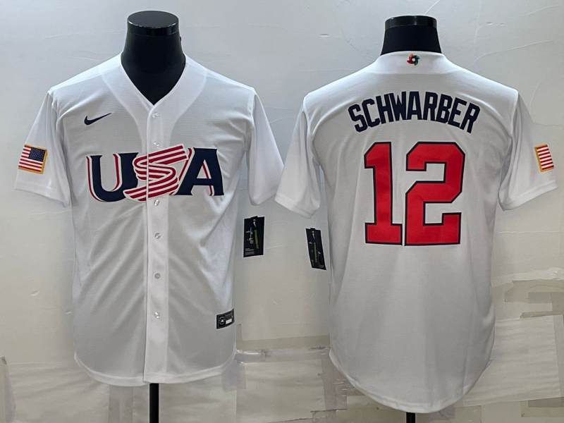 Men's 2023 World Baseball Classic Kyle Schwarber USA White Jersey baseball jersey product view 1