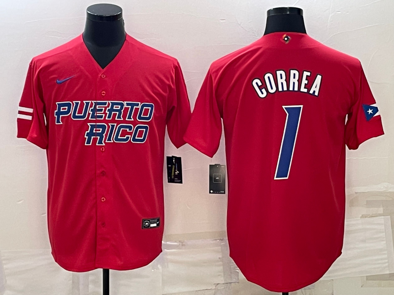 Men's 2023 World Baseball Classic Carlos Correa Puerto Rico Red Jersey baseball jersey product view 1
