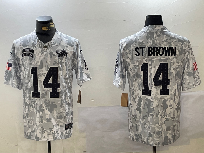 Men's Detroit Lions Amon-Ra St. Brown Arctic Camo 2024 Salute to Service Limited Jersey football jersey product view 1