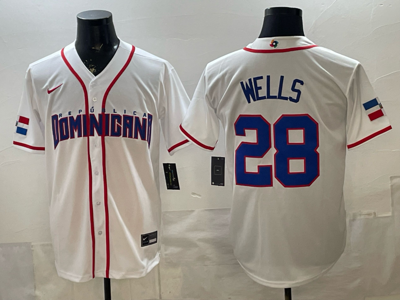 Men's Dominican Republic Baseball Austin Wells #28 White 2026 World Baseball Classic Stadium Jersey baseball jersey product view 1