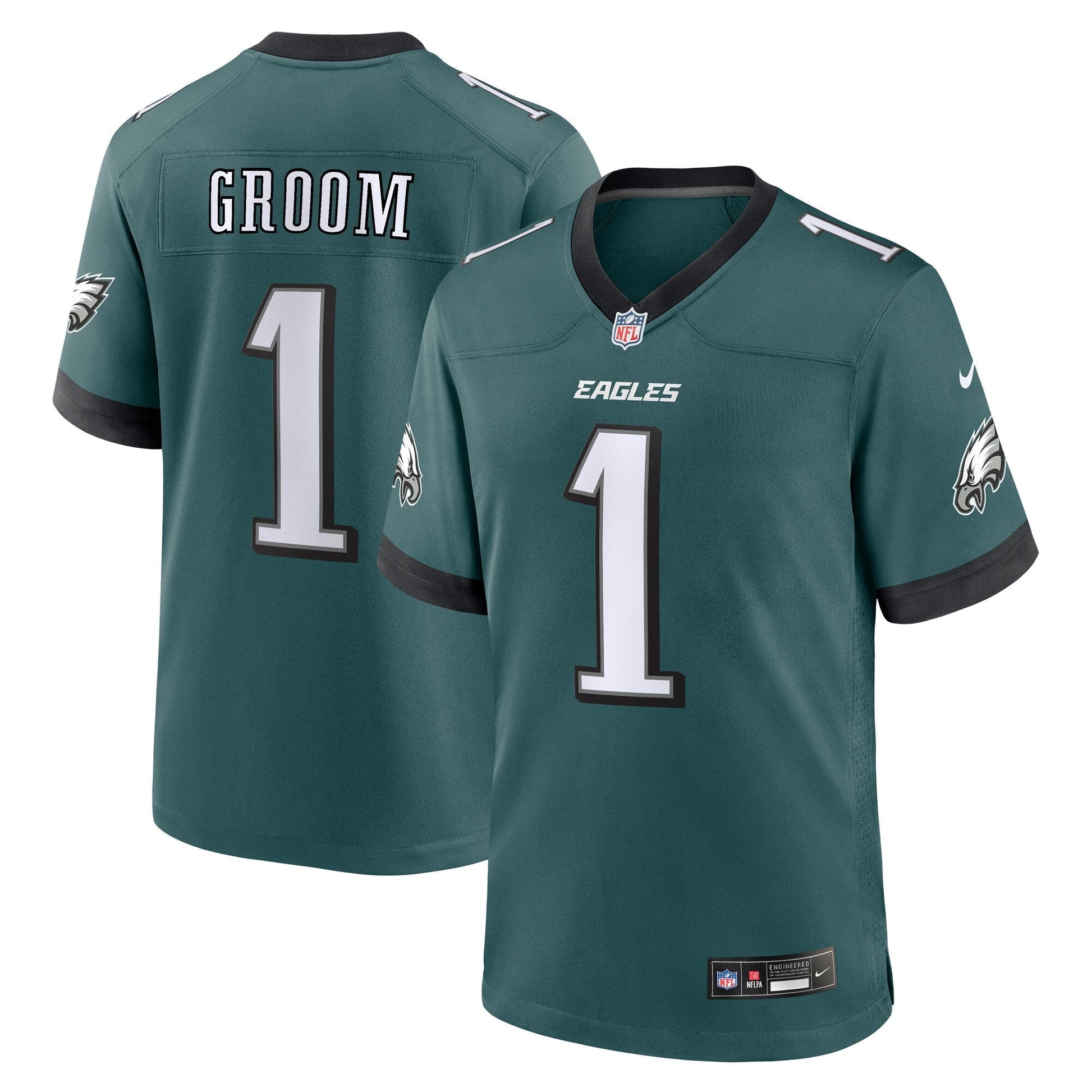 Number 1 Groom Philadelphia Eagles Game Jersey - Midnight Green football jersey product view 1