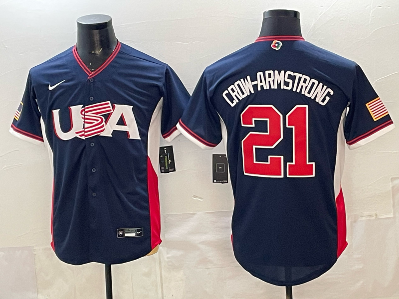 Men's USA Baseball Pete Crow-Armstrong #21 Navy 2026 World Baseball Classic Stadium Jersey baseball jersey product view 1