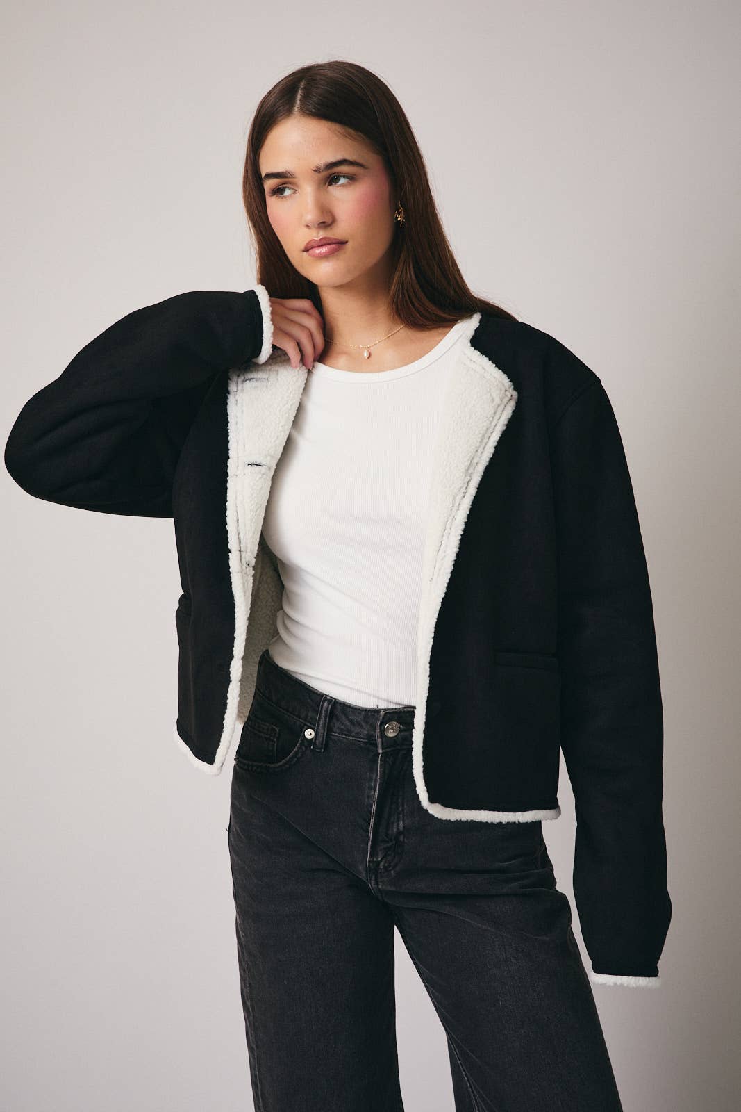 Long Sleeve Suede & Fur Bonding Button Down Outerwear Unisex T-shirt, Sweatshirt, Hoodie, Long Sleeve Tee - T-Shirt, Sweatshirt, Hoodie