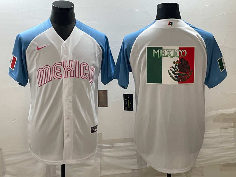 Men's 2023 World Baseball Classic Mexico White/Blue Alternate Game Jersey1 baseball jersey product view 1