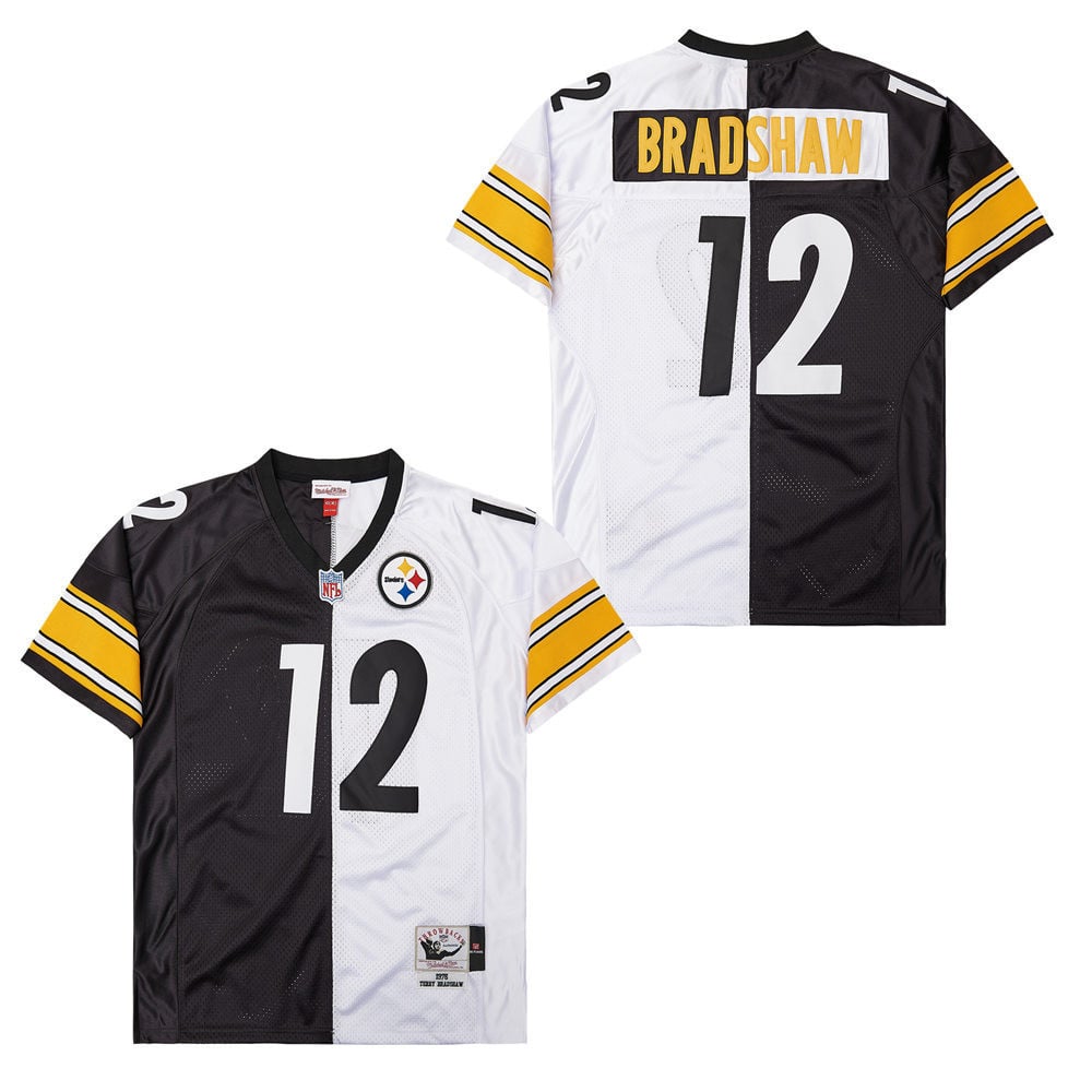 Terry Bradshaw 12 Pittsburgh Steelers Two-Toned Retro Throwback Men Jersey - Black/White football jersey product view 1