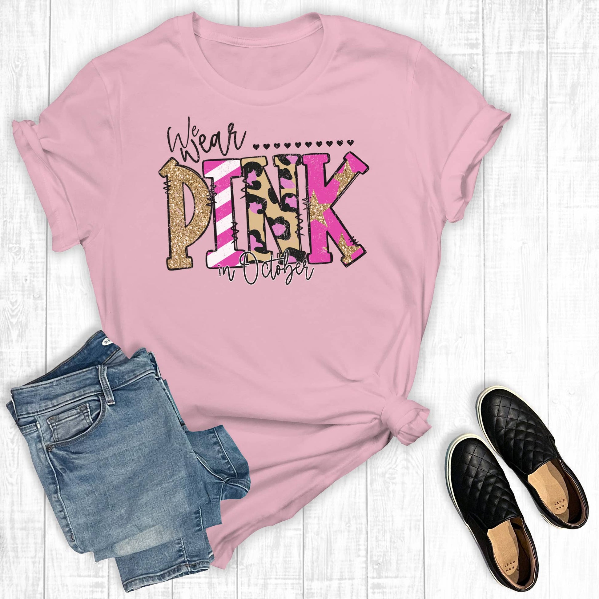 Breast Cancer We Wear Pink in October Graphic Tee Unisex T-shirt, Sweatshirt, Hoodie, Long Sleeve Tee - T-Shirt, Sweatshirt, Hoodie