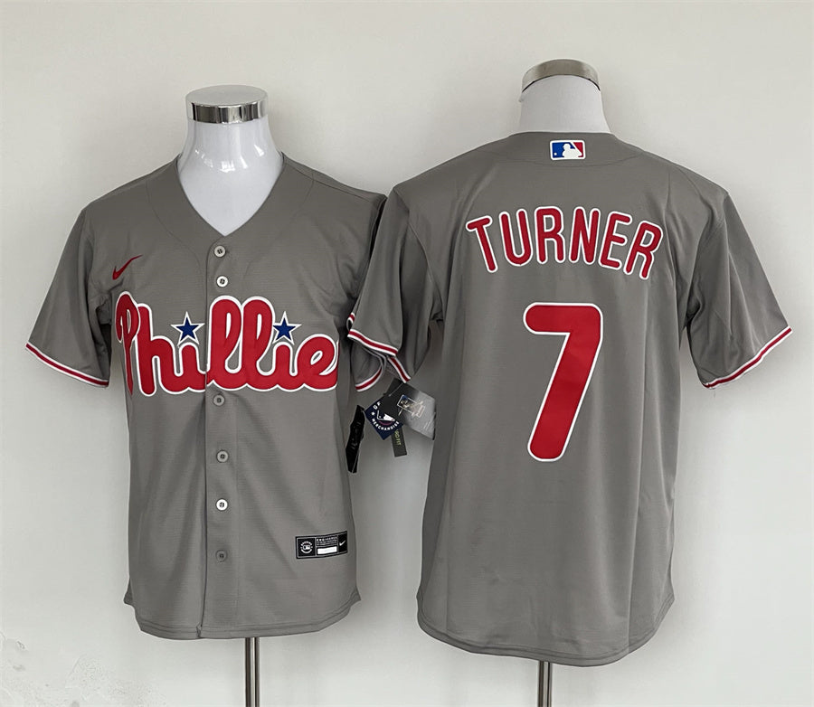 Men's Philadelphia Phillies Trea Turner #7 Gray Replica Player Jersey baseball jersey product view 1