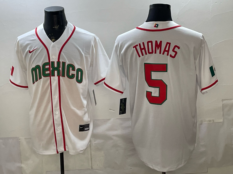 Men's Mexico Baseball Alek Thomas #5 White 2026 World Baseball Classic Stadium Jersey baseball jersey product view 1