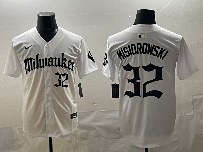 Men's Milwaukee Brewers Jacob Misiorowski #32 White Replica Team Jersey baseball jersey product view 1