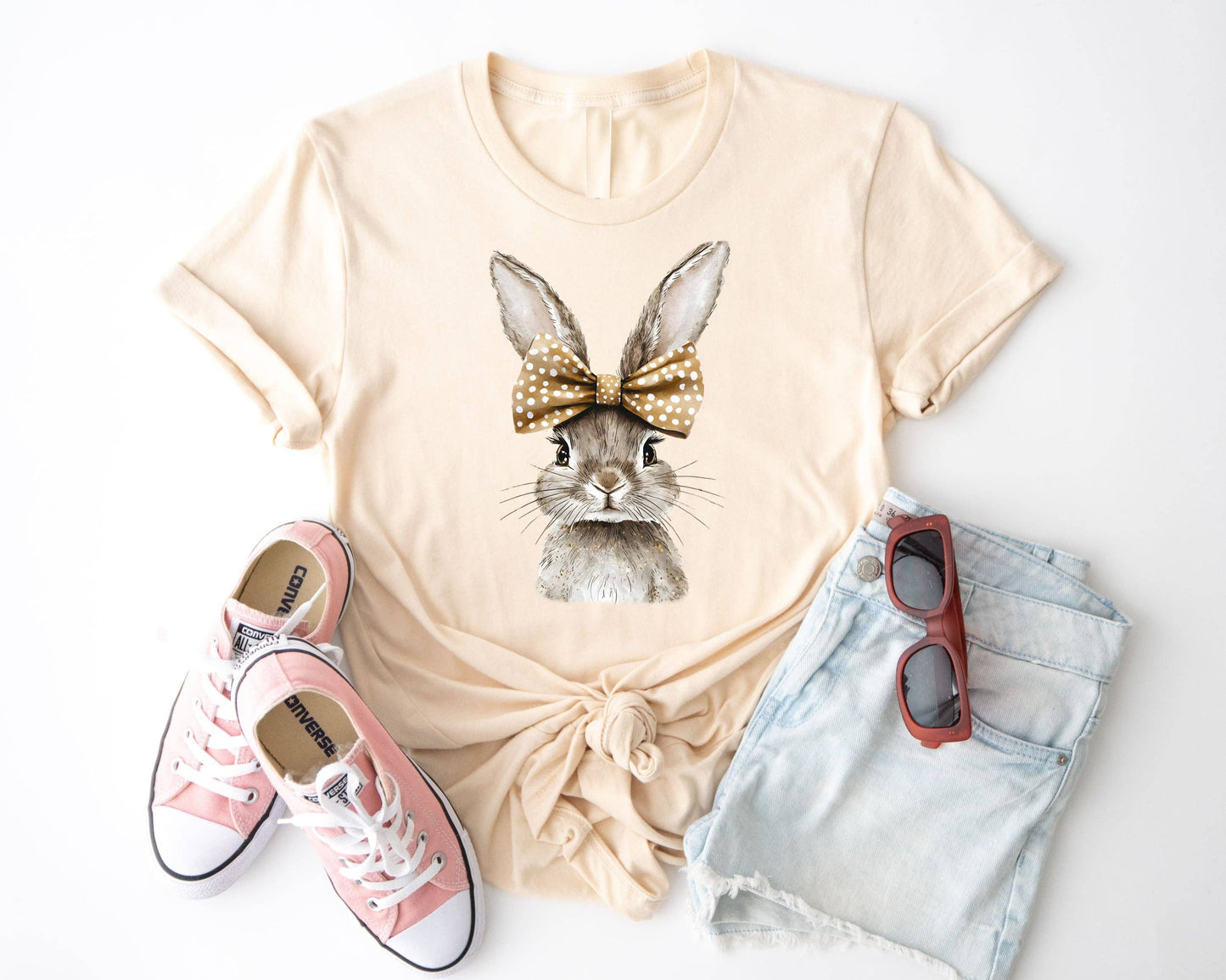 Spring Bunny Polka Dot Bow Easter Graphic Tee Unisex T-shirt, Sweatshirt, Hoodie, Long Sleeve Tee - T-Shirt, Sweatshirt, Hoodie