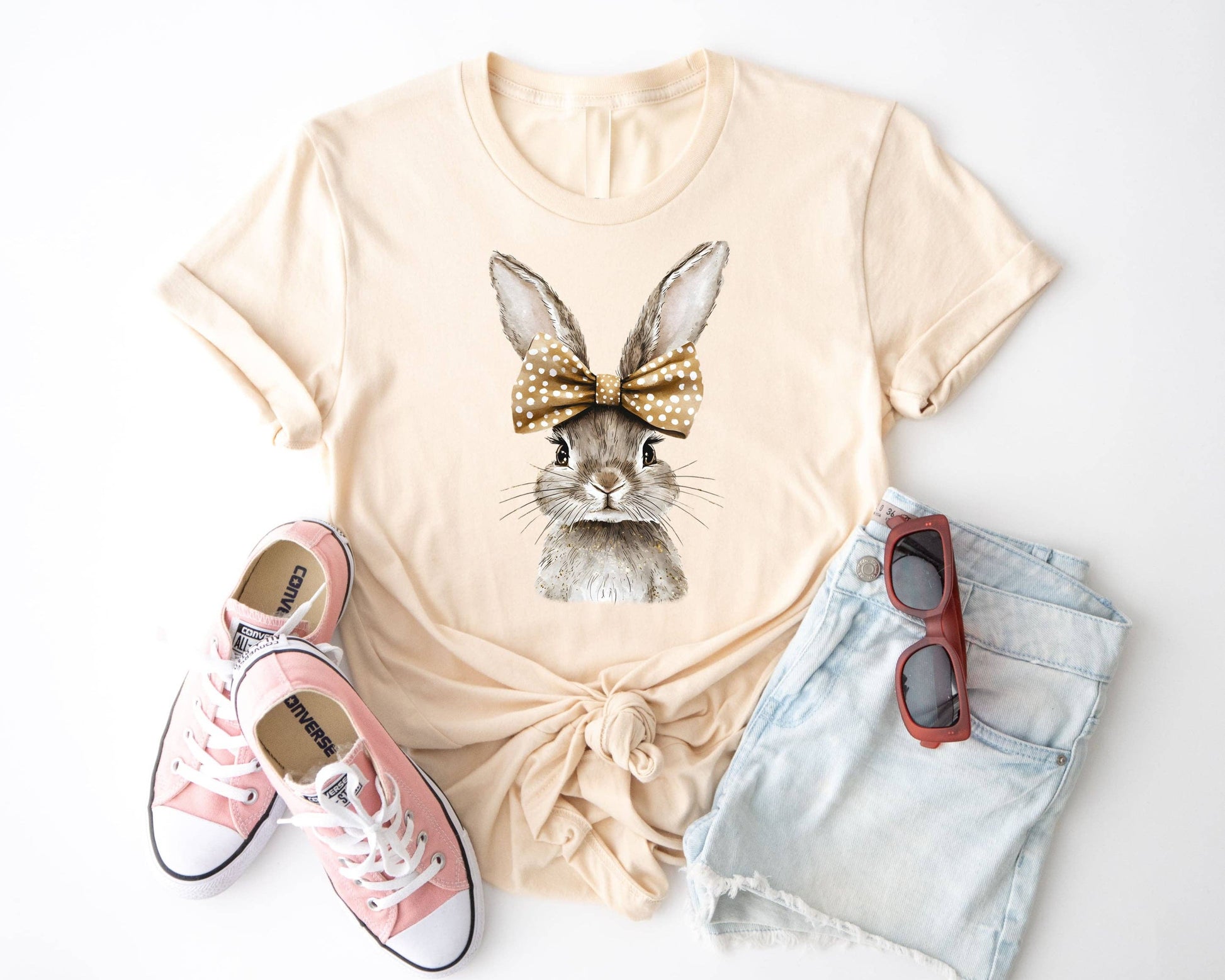 Spring Bunny Polka Dot Bow Easter Graphic Tee Unisex T-shirt, Sweatshirt, Hoodie, Long Sleeve Tee - T-Shirt, Sweatshirt, Hoodie