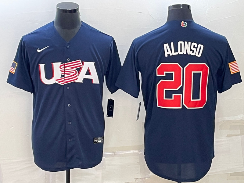 Men's 2023 World Baseball Classic Pete Alonso USA Navy Jersey baseball jersey product view 1