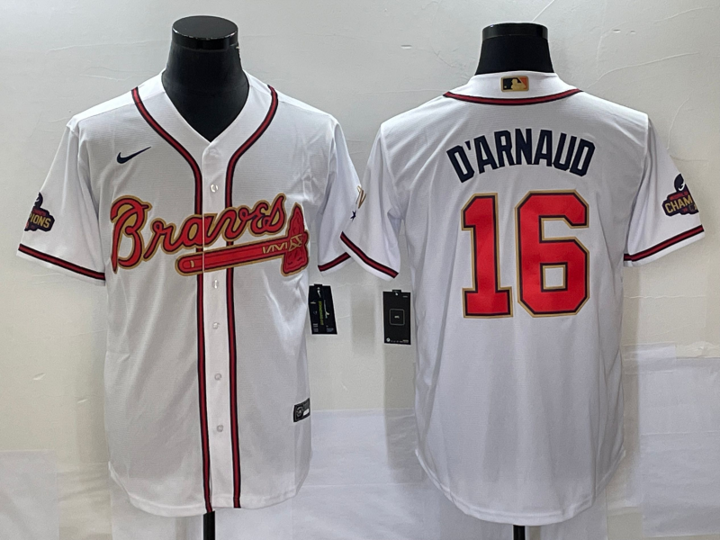 Men's Atlanta Braves Travis d'Arnaud #16 White Replica Player Jersey baseball jersey product view 1