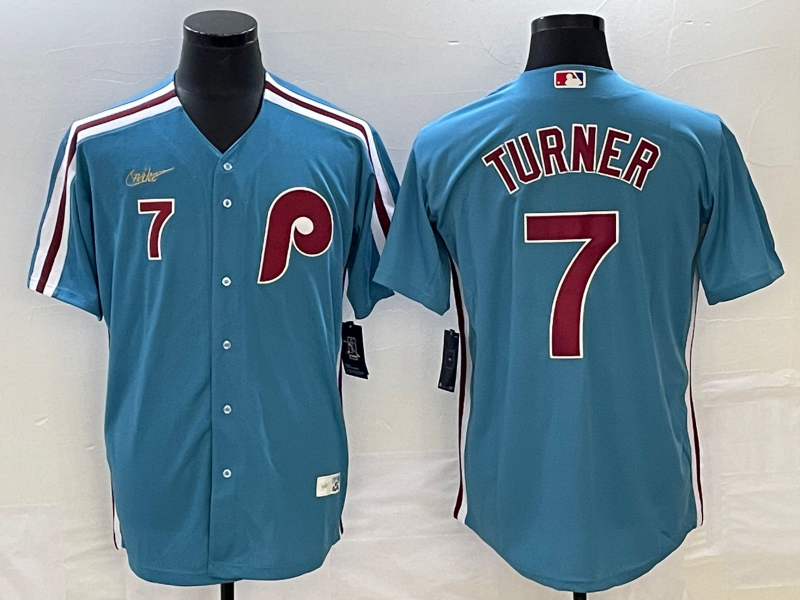 Men's Philadelphia Phillies Trea Turner Blue Replica Team Jersey baseball jersey product view 1