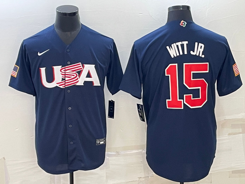Men's 2023 World Baseball Classic Bobby Witt Jr. USA Navy Jersey baseball jersey product view 1