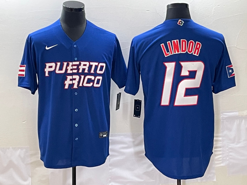 Men's 2023 World Baseball Classic Francisco Lindor Puerto Rico Blue Jersey baseball jersey product view 1