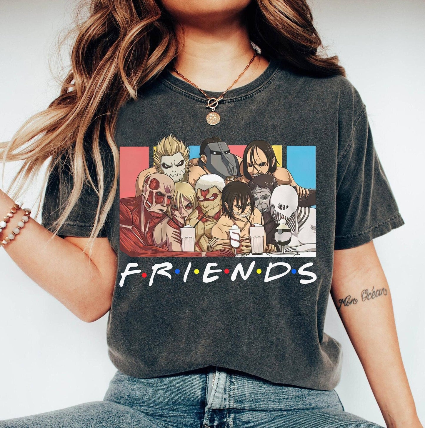 Friends Tv Show & Attack On Titan Vintage Anime Tee - Unisex Unisex T-shirt, Sweatshirt, Hoodie, Long Sleeve Tee - T-Shirt, Sweatshirt, Hoodie